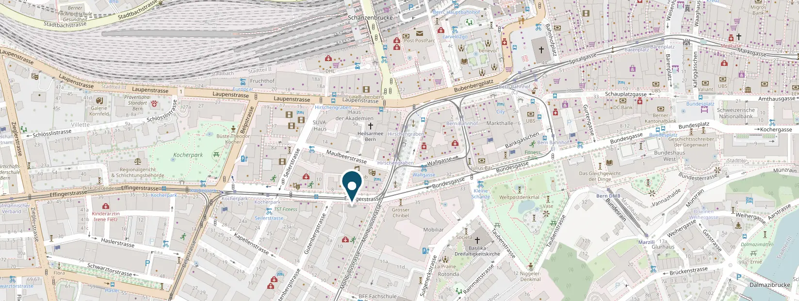 Stadtplan von Bern: die YLAH Praxis an der Effingerstrasse 3, markiert, mit dem Bahnhof Bern im Nordwesten